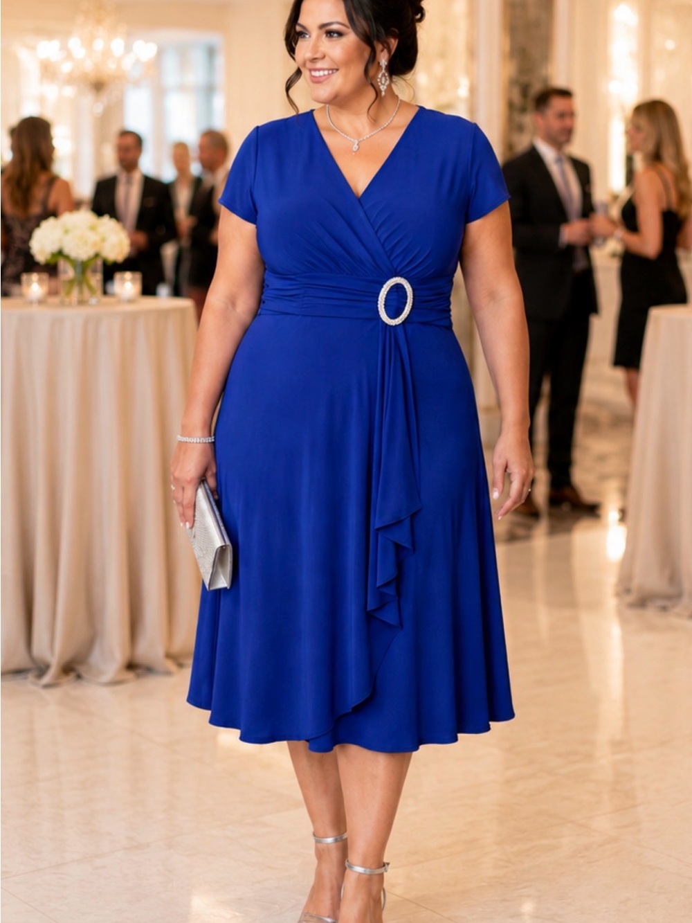 R&M Richards Royal Blue V-Neck Midi Dress with Waist Ring NWT - Picture 3 of 13